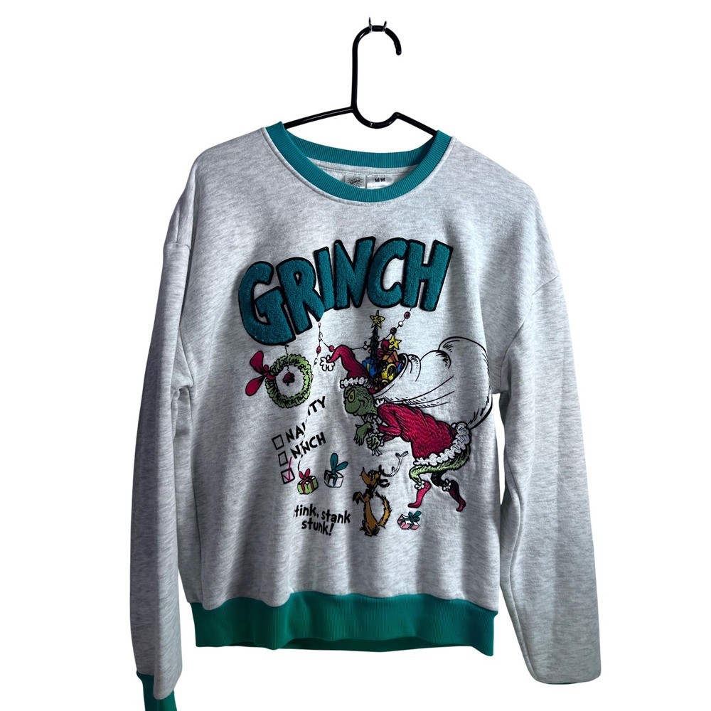 Dr. Seuss The Grinch Sweatshirt Medium Grey Teal Embroidered Holiday Womens